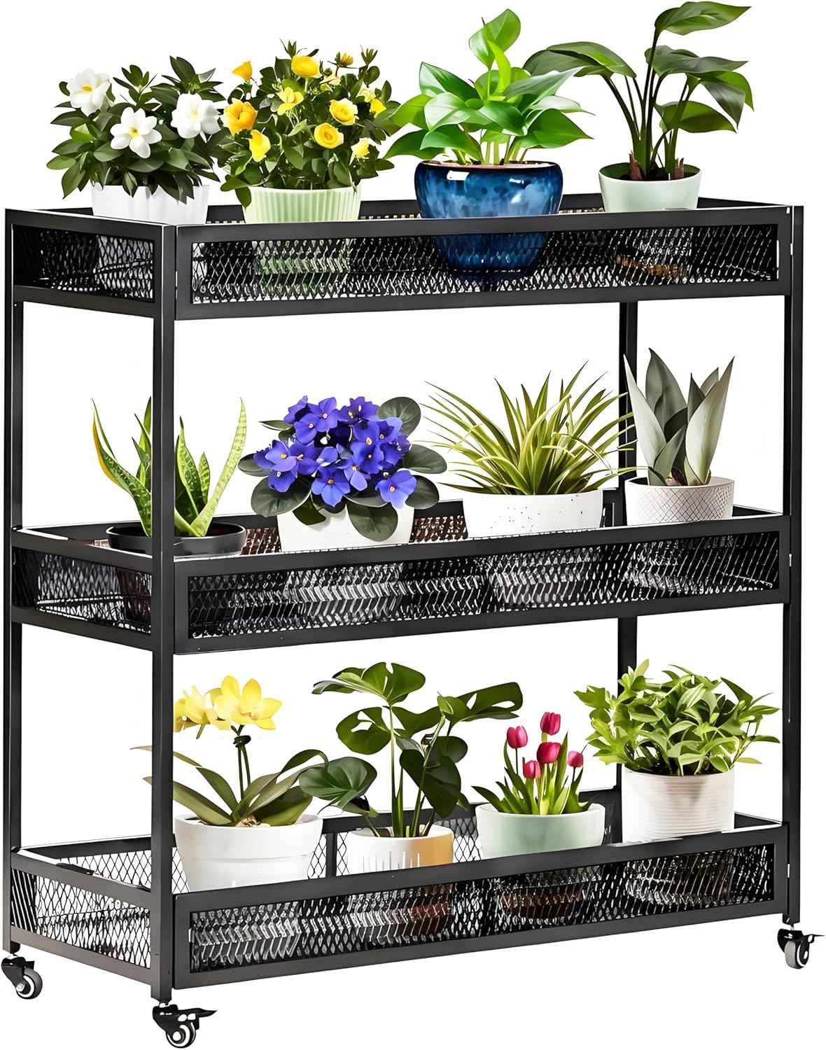 Outdoor Heavy-Duty 3-Tier Moving Garden Cart Sturdy Metal Plant Stand with High-Capacity Load & Rotating Wheels