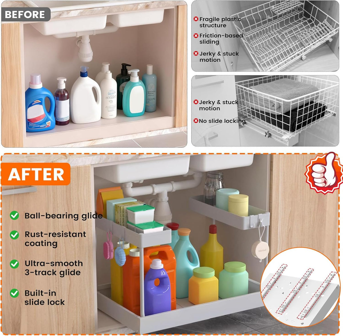 Expandable Under Sink Organizers and Storage,Width Adjustable (14.9-23.6IN),No Drill 2-Tier Pull Out Under Cabinet Organizer for Kitchen Bathroom Laundry White - Field & Nook