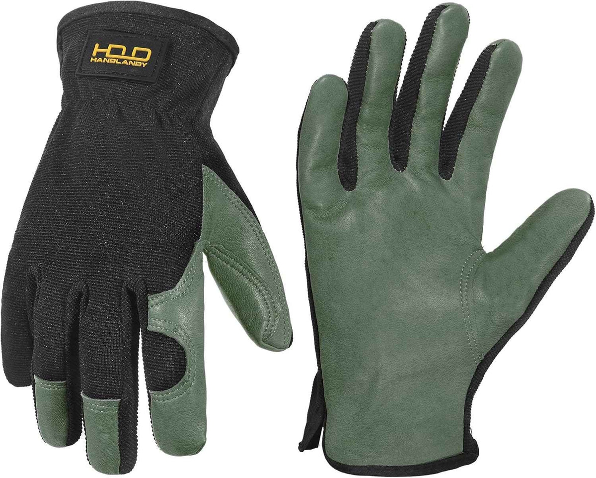 HANDLANDY Leather Work Gloves for Men & Women, Reinforced Durable Garden Gloves, Cowhide Working Glove for Gardening