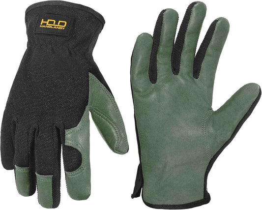 HANDLANDY Leather Work Gloves for Men & Women, Reinforced Durable Garden Gloves, Cowhide Working Glove for Gardening