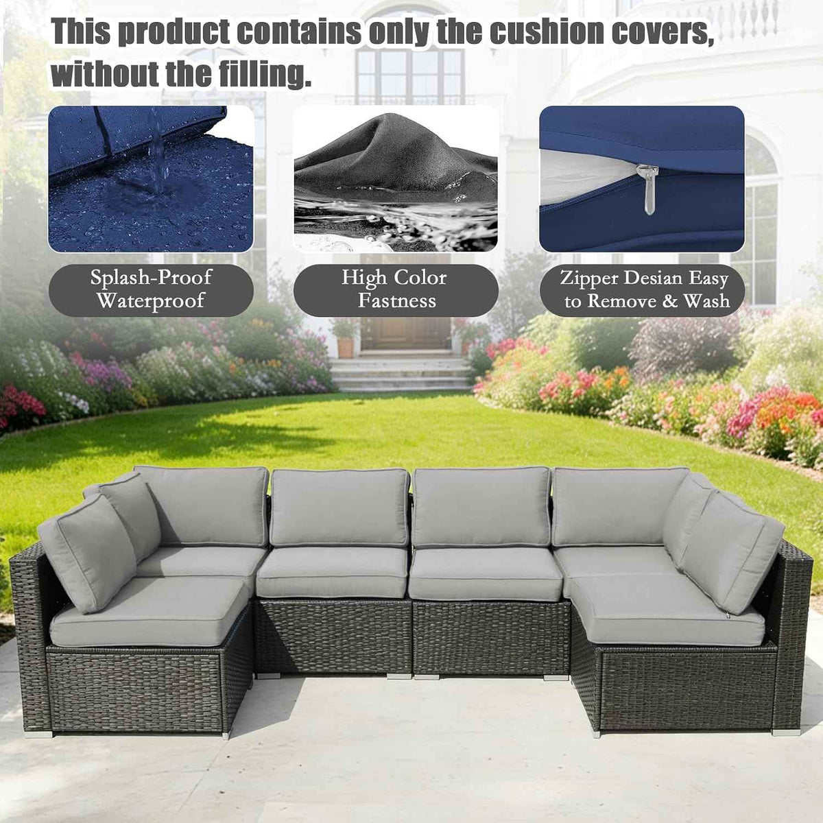 14 Piece Patio Cushion Covers Replacement Splashproof Fade Resistant Outdoor Sofa Slipcovers with Zippers for Sectional, Chair Deck Porch Furniture Protector (Light Gray,23.6x23.6x3.94 Inches)