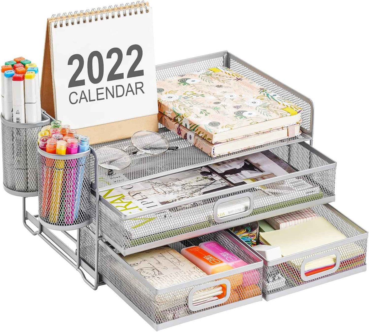 Marbrasse 3 Tier Mesh Desk Organizer with Drawer, Multi-Functional Desk Organizers and Accessories, Paper Letter Organizer with 2 Pen Holder for Home Office Supplies (Silver)