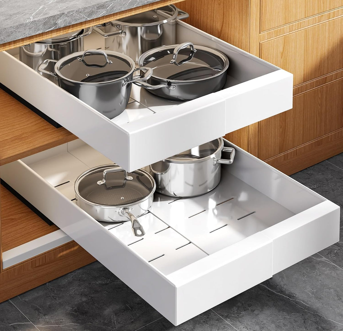 Seinloes 2 Pack Expandable (9"-14") Pull Out Cabinet Organizer 21" Deep With Raising Pad for Framed Cabinets,Upgrade 3 Slide Rails Slide Out Drawers,No Drill Roll Out Shelves Adhesive,White - Field & Nook