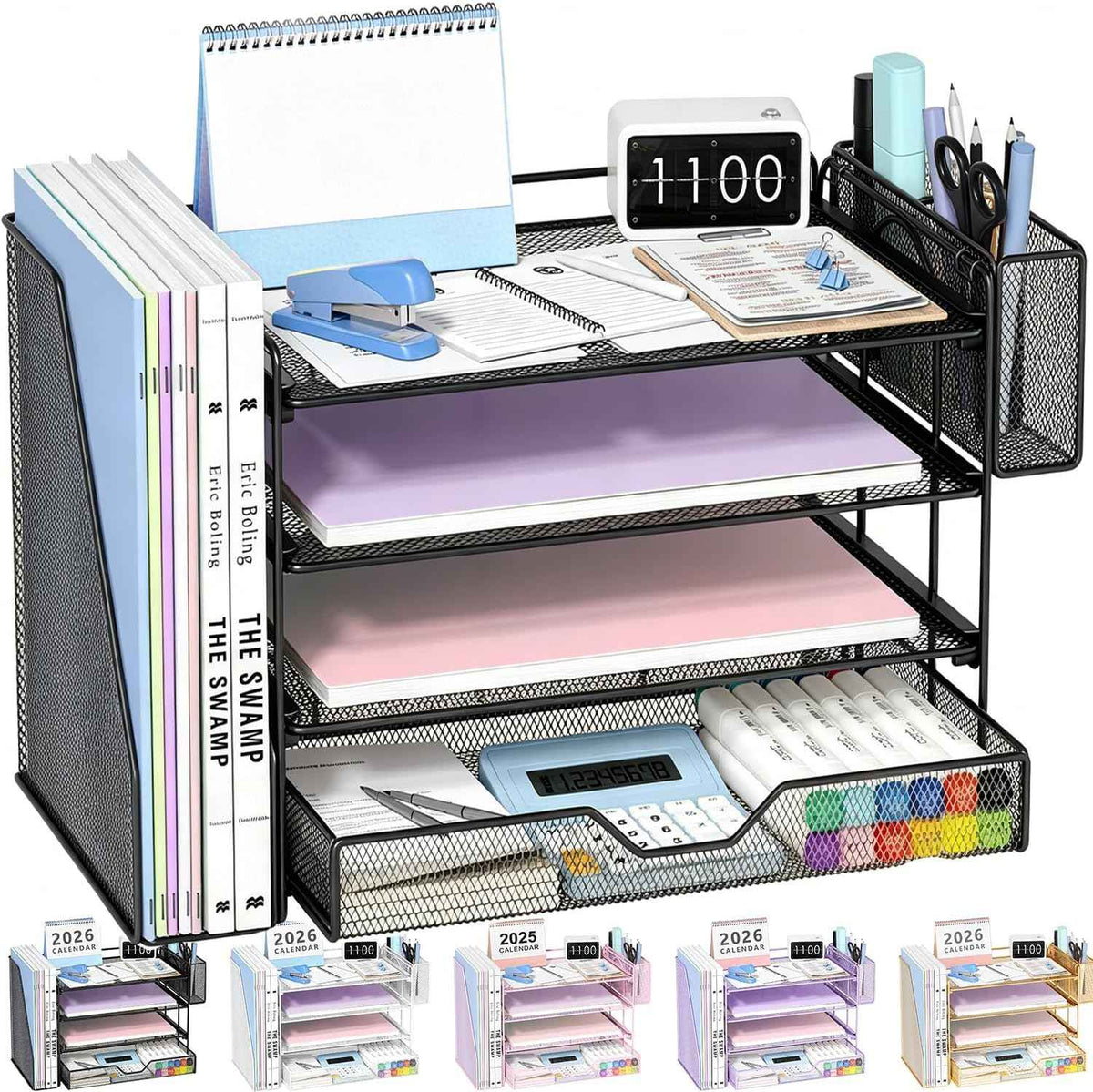 Desk Organizers and Accessories, 4-Tier Desktop File Organizer with Drawer and Pen Holders, Office Desk Accessories Workspace Organizers for Office Supplies (Black)
