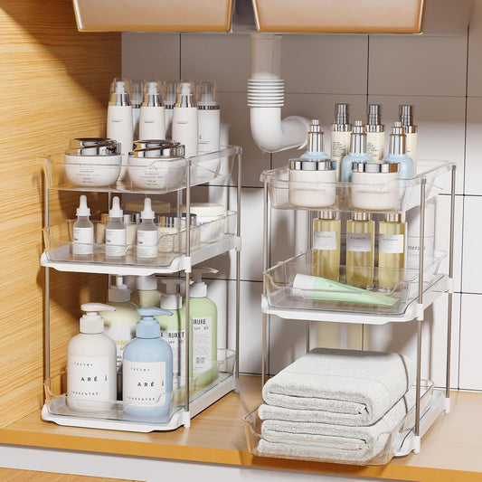 Delamu 2 Sets of 3-Tier Bathroom Under Sink Organizers and Storage, Multi-Purpose Stackable Pantry Organization and Storage, Pull Out Clear Kitchen Bathroom Cabinet Organizer with Movable Dividers | Storage - Field & Nook