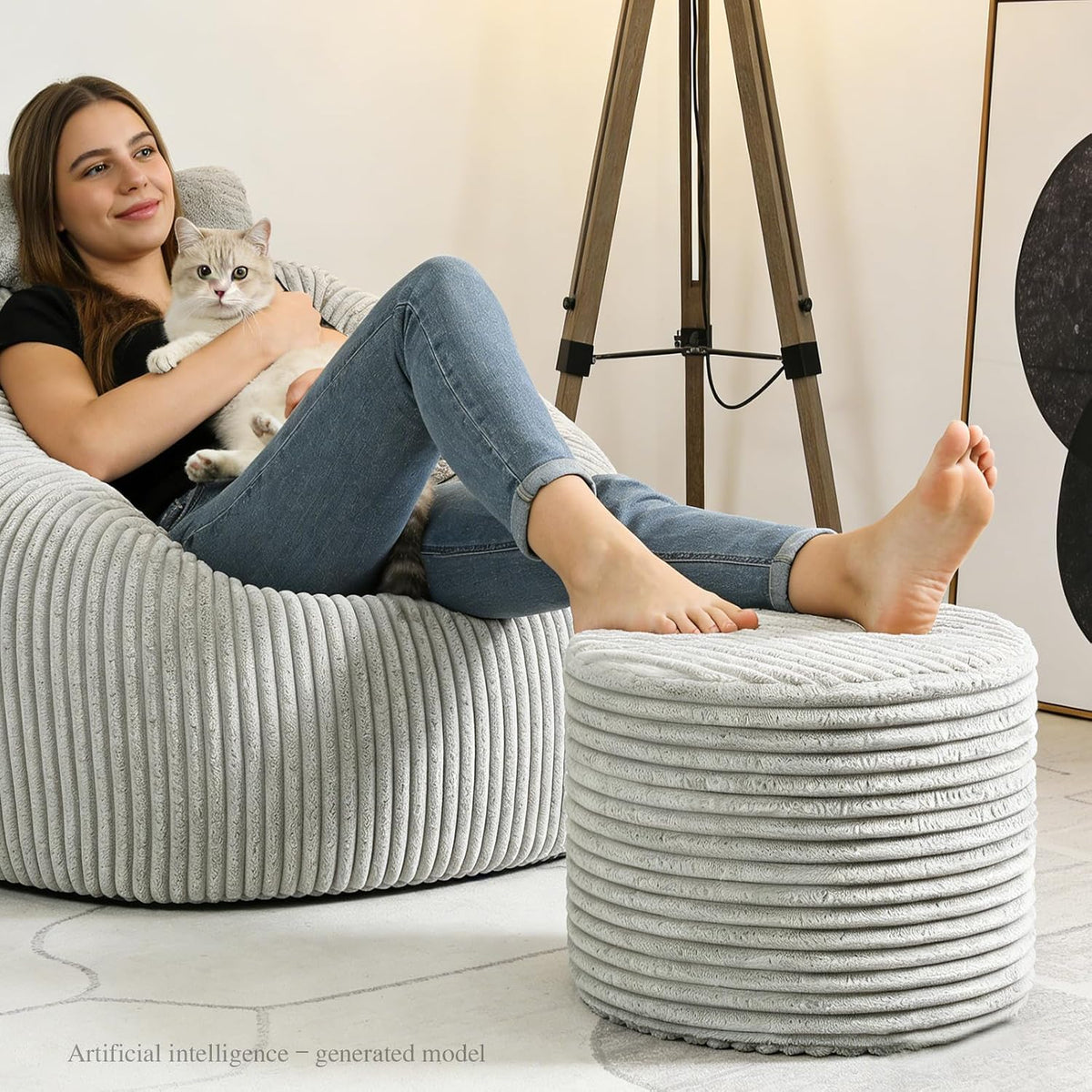 Round Boucle Pouf Ottoman – Lightweight Foam Footrest