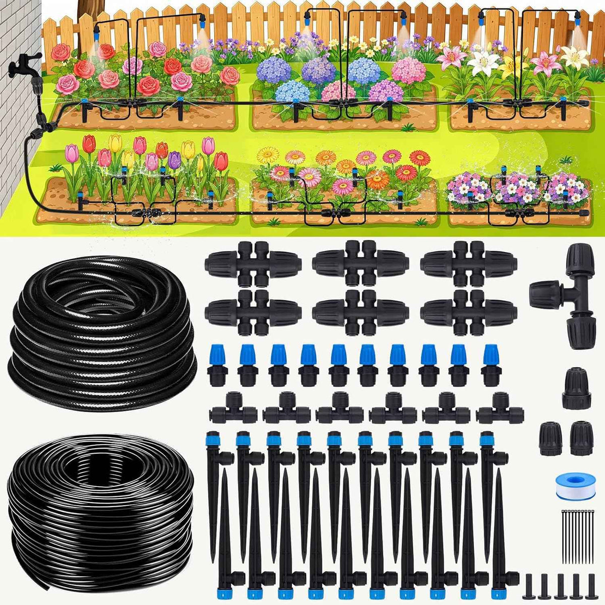 240FT Drip Irrigation System Kits, Quick-Connect Garden Watering System for Raised Bed, Potted Plants, Lawn, Greenhouse with 1/2 inch Hose 1/4 inch Tubing and Accessories