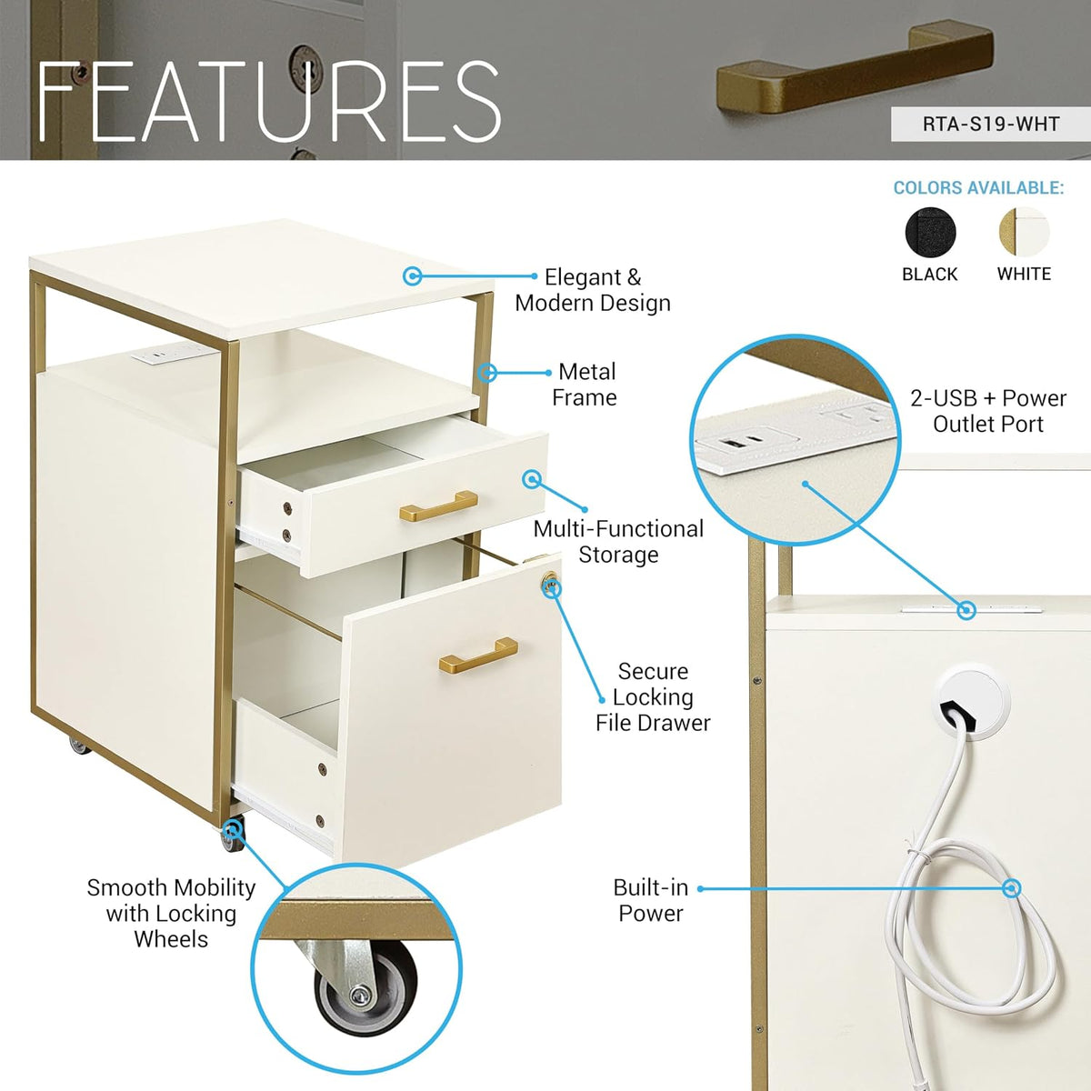 Techni Mobili 2‑Drawer Rolling File Cabinet with Lock, USB & Power Outlet | Modern 2‑drawer rolling file cabinet with lock, USB ports, power outlet, wheels, storage for files, or printer in home office - Field & Nook