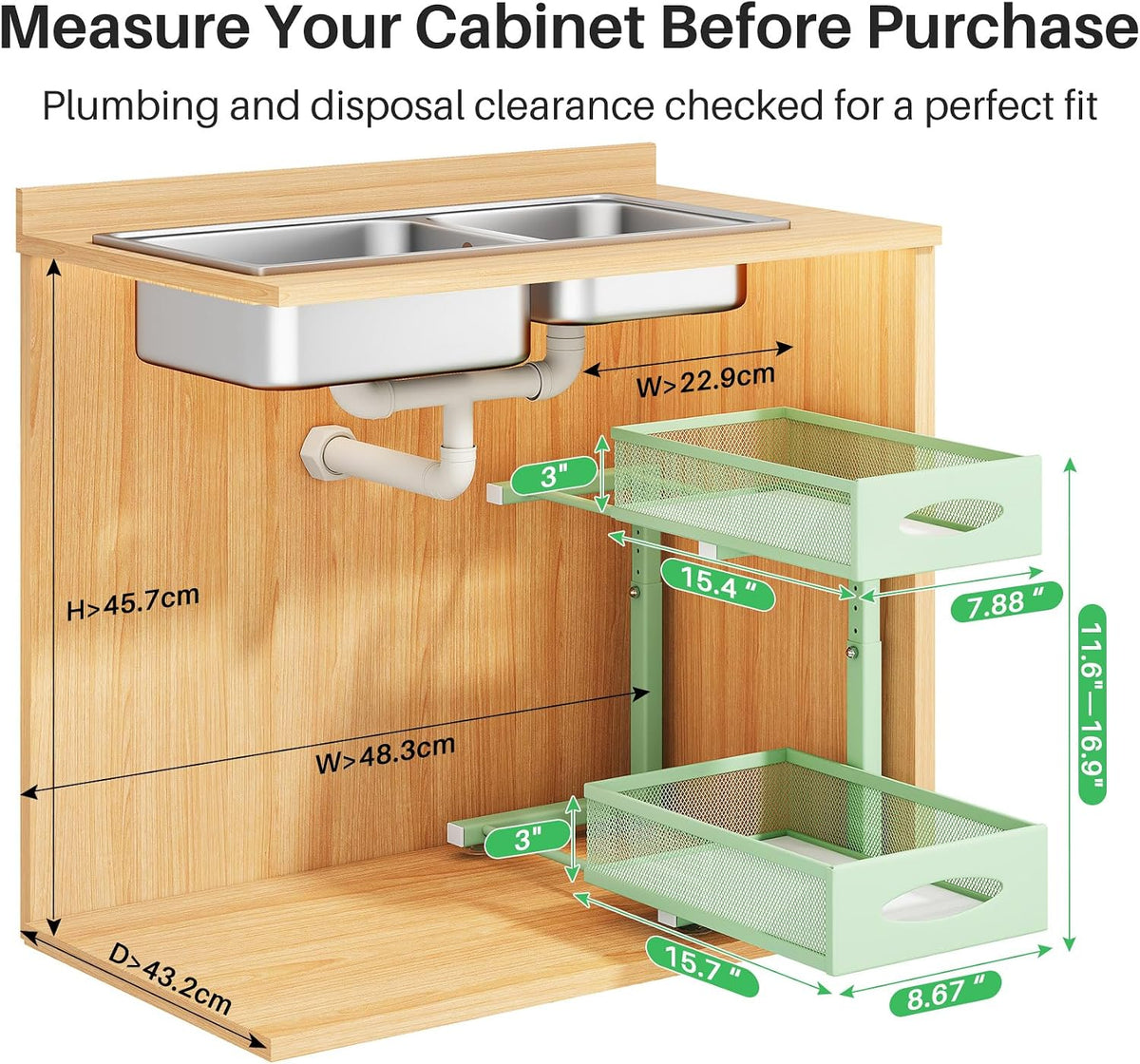 2 Pack Under Sink Organizer, 2 Tier Pull out Cabinet Organizer Mesh Baskets with 5 Adjustable Heights, Sliding Drawers Storage Shelf for Home, Kitchen, Bathroom, Pantry, Office, Countertop ,Green - Field & Nook