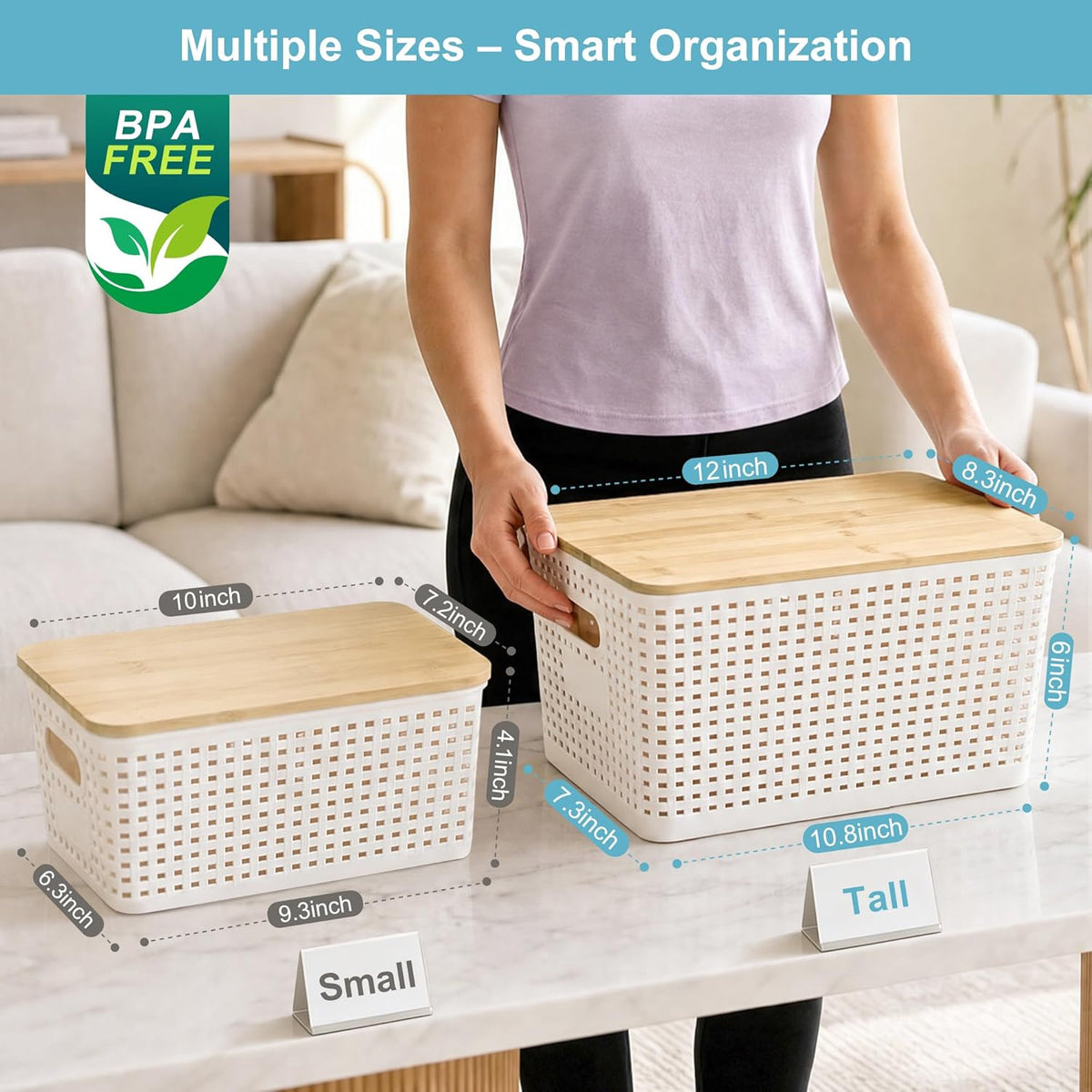 2 Pack Tall Plastic Storage Bins with Bamboo Lids, 10.8qt Stackable Storages Baskets for Organizing Desktop Closet Playroom Classroom Office, 12"L x 8.3"W x 6.1"H, Cream White - Field & Nook