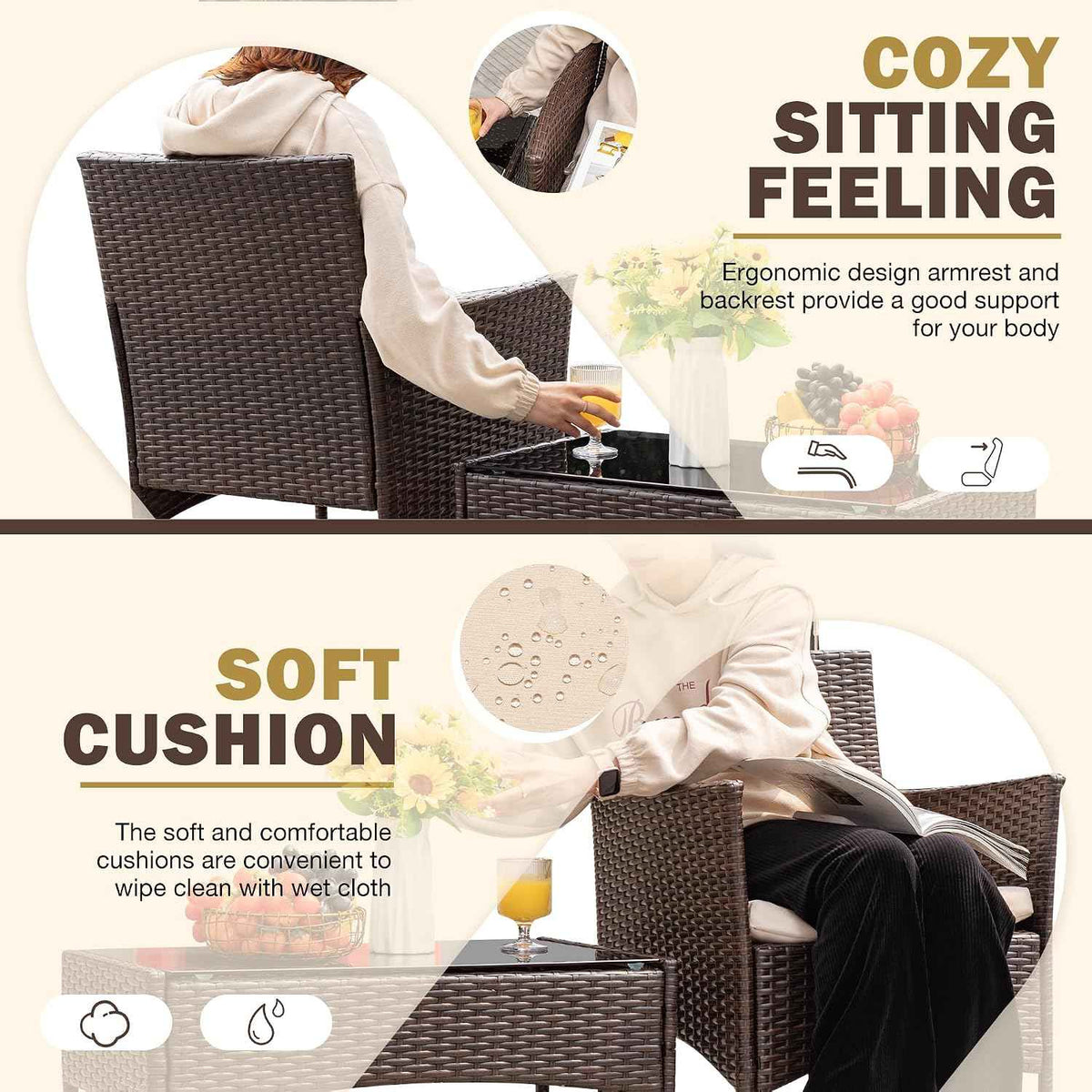 Homall 4 Pieces Outdoor Patio Furniture Set, Rattan Chairs, Brown &