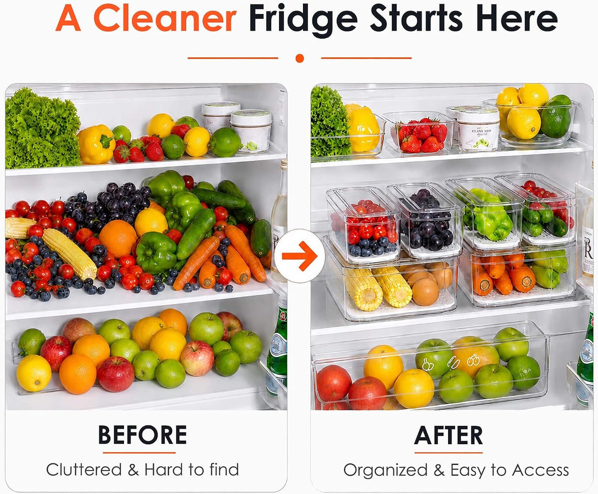SMRCAD 6 Pack Clear Fridge Organizer Bins with Drain Trays - Stackable | BPA-Free PET, 6 Pack: 6 lidded Bins (Not drawer), Helps Keep Produce Fresh, 14L Capacity, Hand Wash Only - Field & Nook
