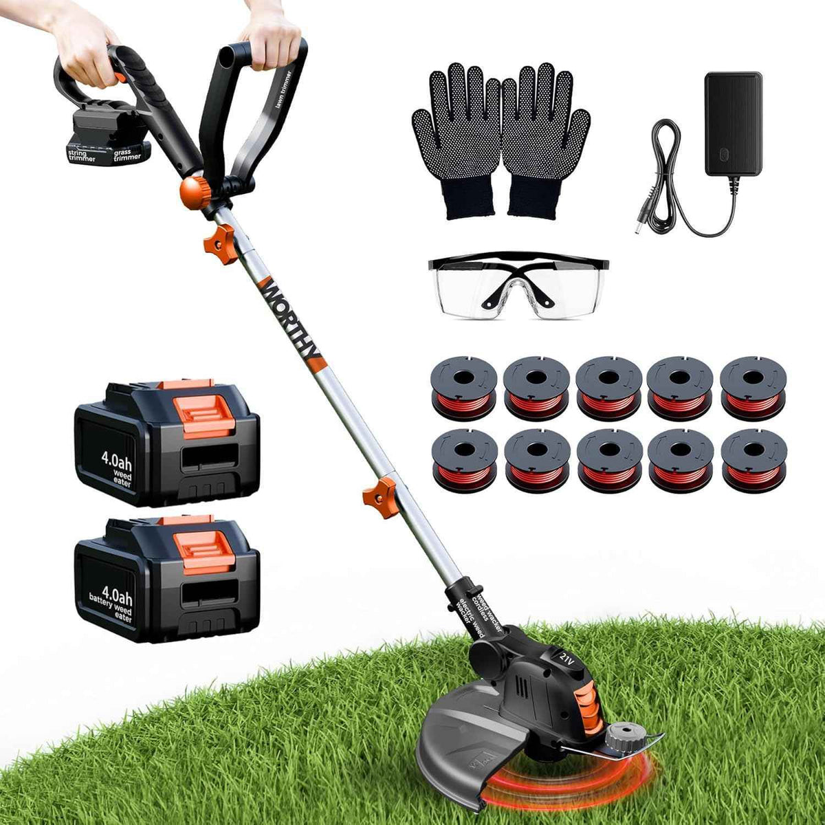 Electric Weed Wacker String Trimmer:2 x 4.0Ah Batteries Cordless Weed Eater 21V Battery Powered with 12" Cutting Width, Eco Friendly Grass Cutter Edger Lawn Tool with Fast Charger