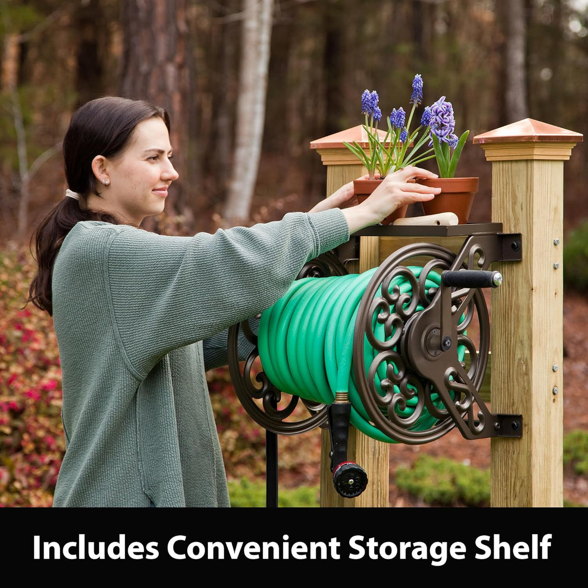Decorative Wall-Mount Steel Garden Hose Reel – Holds 125 ft, Bronze