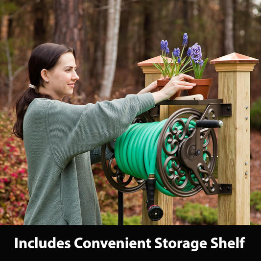 Decorative Wall-Mount Steel Garden Hose Reel – Holds 125 ft, Bronze