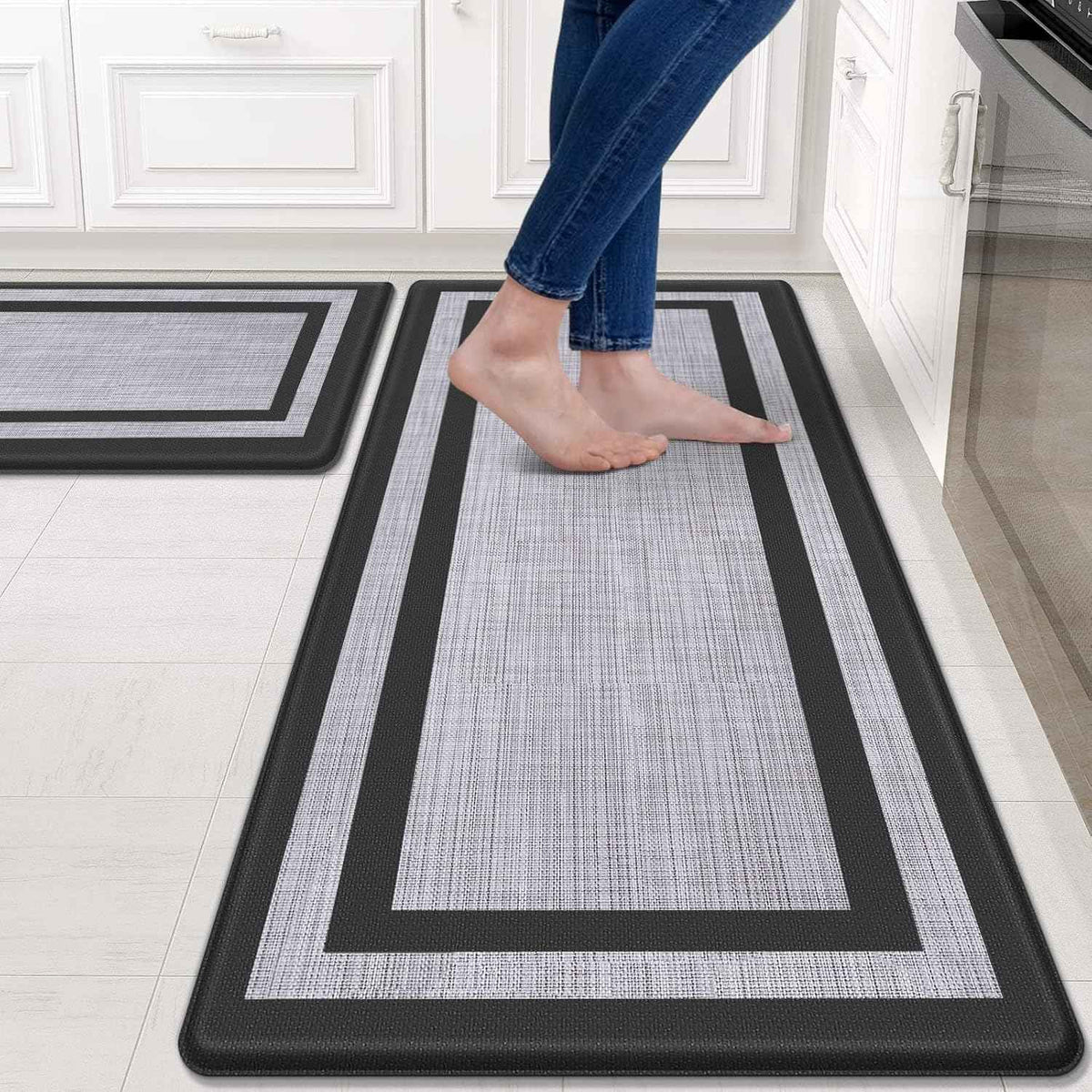 Mattitude Kitchen Mats Set of 2,Cushioned Anti-Fatigue Non-Skid Rug Sets | Ergonomic Comfort PVC Kitchen Mats for Floor,Standing Mat for Kitchen,Floor,Office,Sink,Laundry, Black Frame