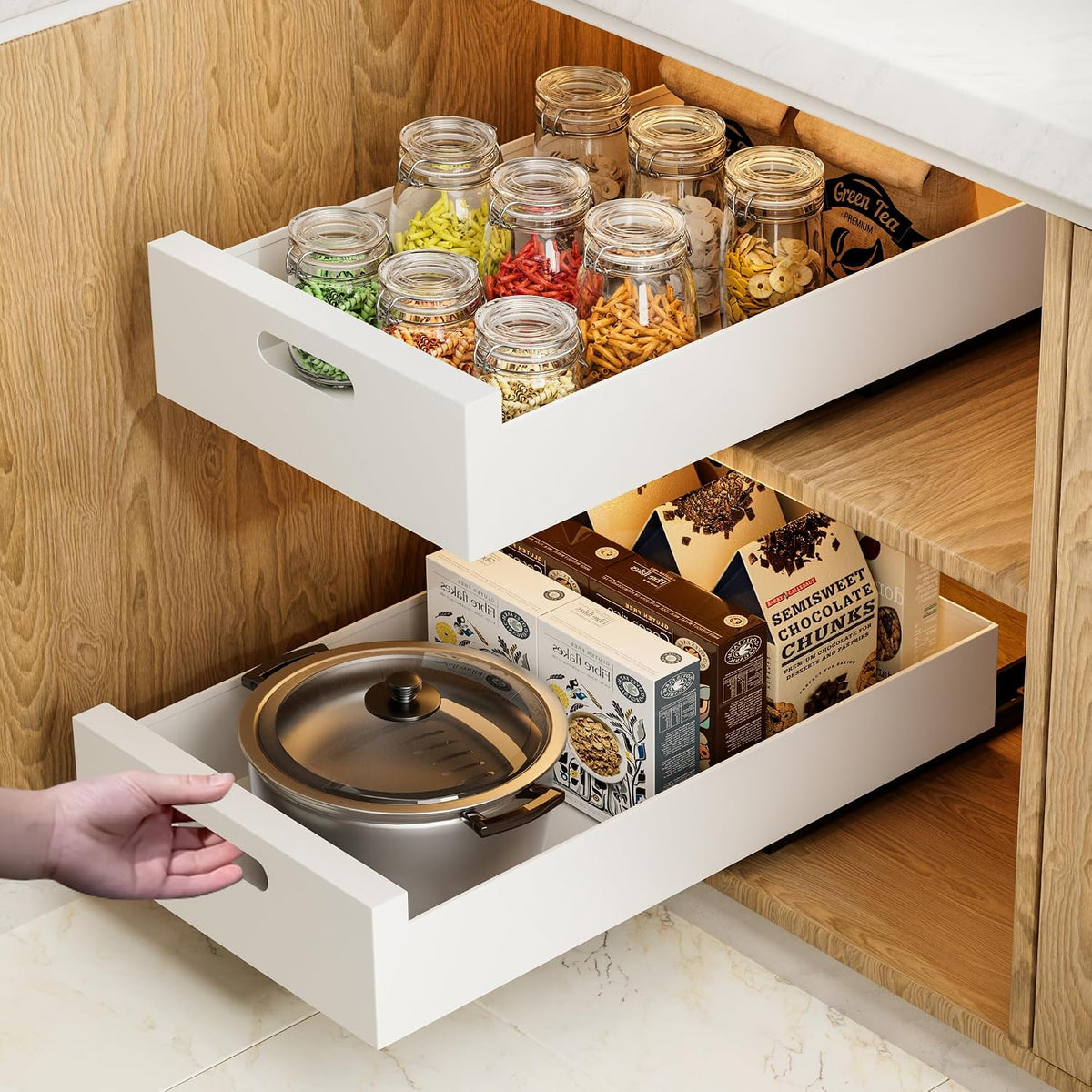 HBL' 2 Pack | 21" Deep Pull Out Cabinet Organizer Adhesive, 10-Inch Wide Sturdy Carbon Steel Roll-Out Drawers, Designed for Frameless Cabinets, Slide-Out Shelves for Pantry. - Field & Nook