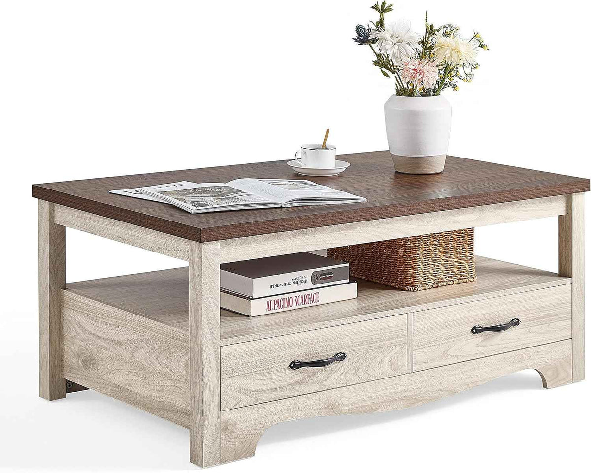 LINSY HOME Farmhouse Coffee Table with Storage, Oak and Brown