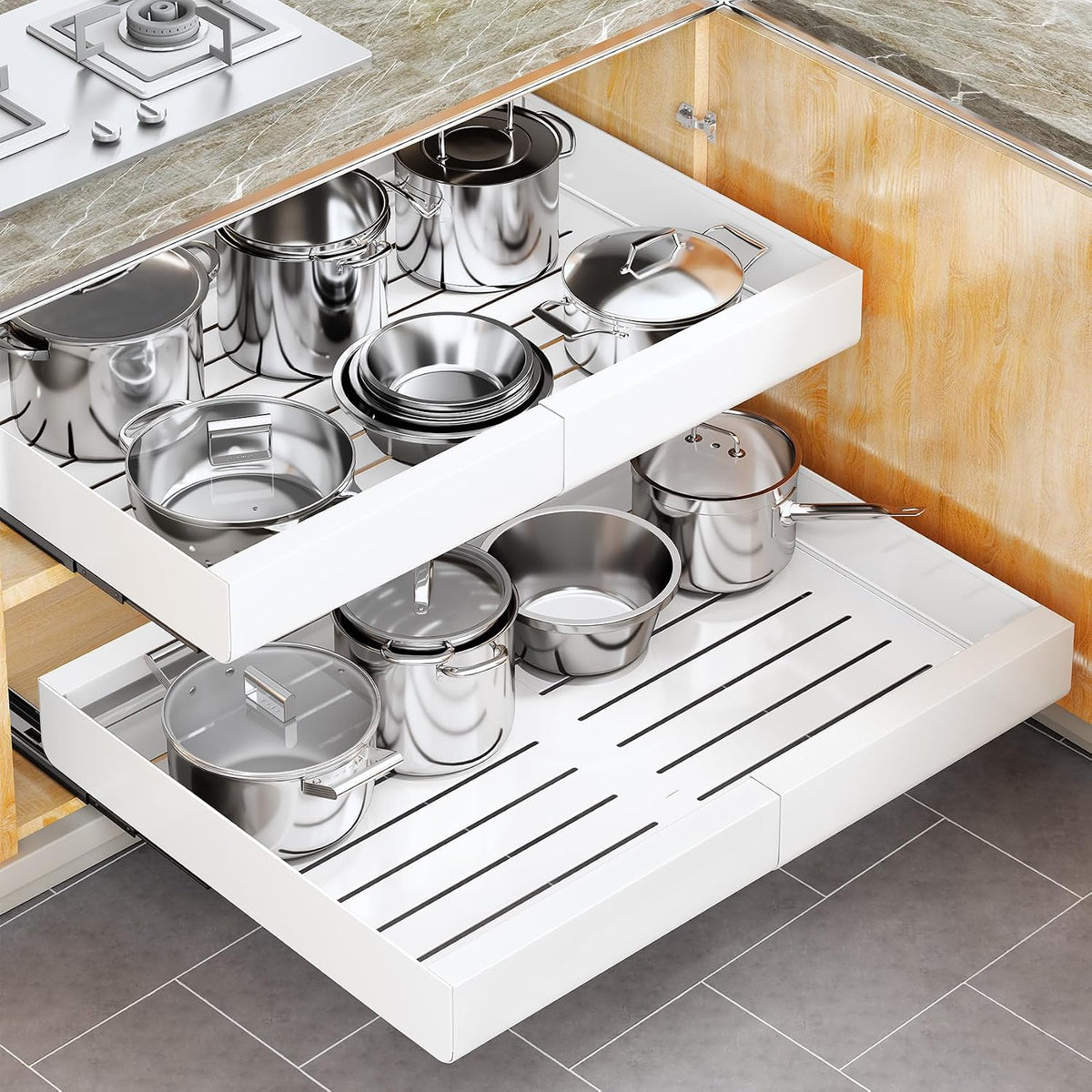 Pull out Cabinet Organizer, Wider Expandable(14"-24") Heavy Duty Slide out Drawers Fixed with Adhesive Nano Film for Pots, Roll out Shelf Storage for Kitchen Cabinet Organization(White-1pc)(3 Rails) - Field & Nook