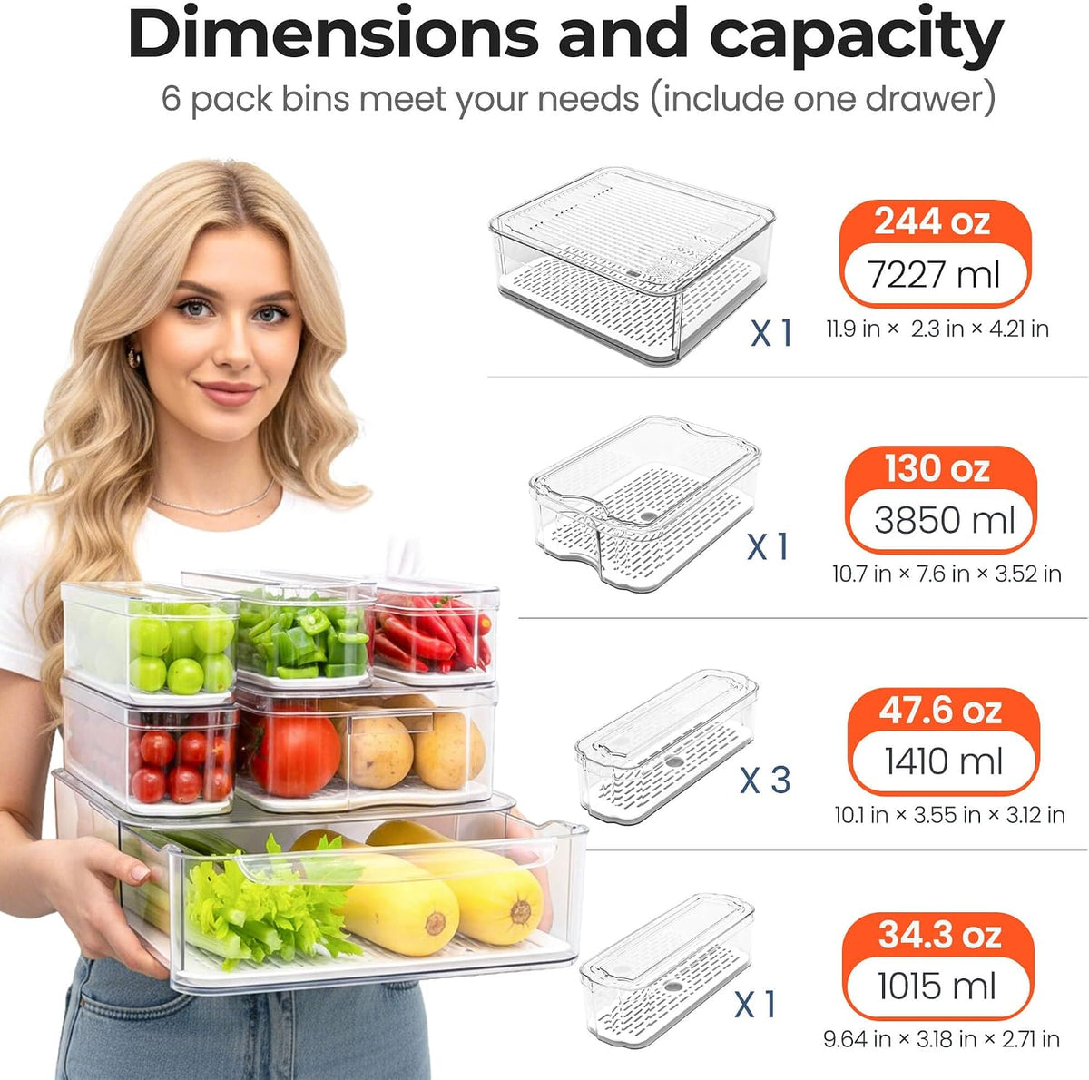 SMRCAD Clear Fridge Bins with Drain Trays - BPA-Free PET, Stackable(6 Pack) | 6 Pack: 1 Drawer + 5 lidded Bins, Helps Keep Produce Fresh, 16.3L Capacity, Hand Wash Only - Field & Nook