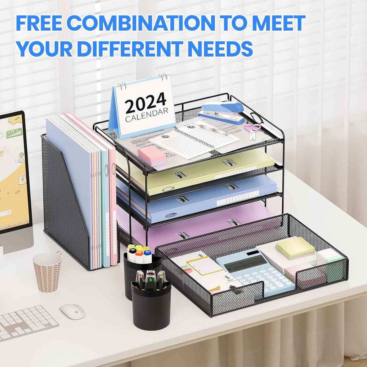 Desk Organizer, 4-Tier Desktop File Organizer with Drawer and Pen Holders, Office Desk Accessories, File Sorters, Workspace Organizers for Office Supplies(Black)