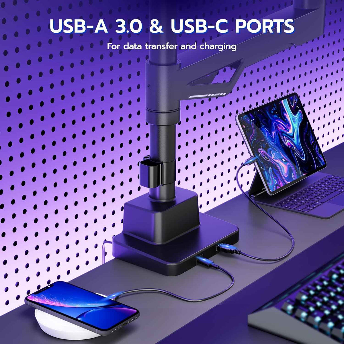 ARES WING Heavy-Duty Gas Spring Ultrawide Monitor Arm 57"66Lbs USB VESA | Height Adjustable & Extendable, Built-in USB Port, Multi VESA Compatible, Clamp & Grommet Base, For Large Ultrawide Monitor