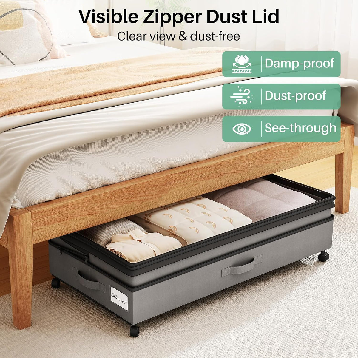 Kitstorack Under Bed Storage with Wheels 2Pack Height-adjustable Under Bed Storage Containers,Under Bed Shoe Storage Organizer with Clear Window&Label, Suitable for Clothes Storage, Gray - Field & Nook