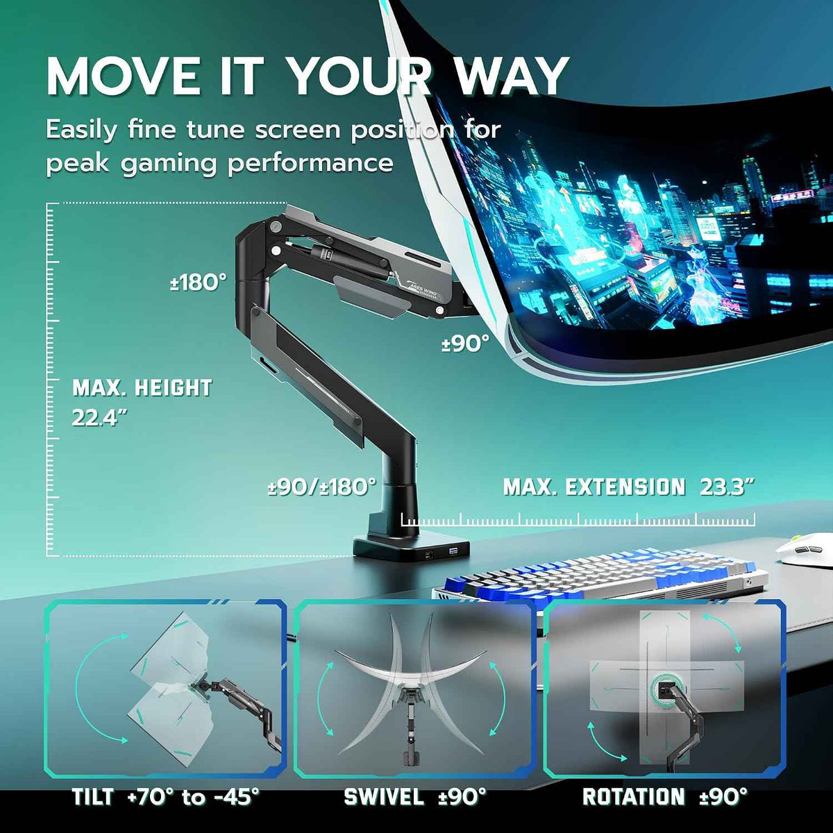 ARES WING Heavy Duty Monitor Arm with USB for 24-57 Inch Screens, Black | Gas Spring Aluminum Monitor Mount for Ultrawide Screens up to 66 lbs with Clamp/Grommet Desk Mount, 75/100/200 Vesa Mount