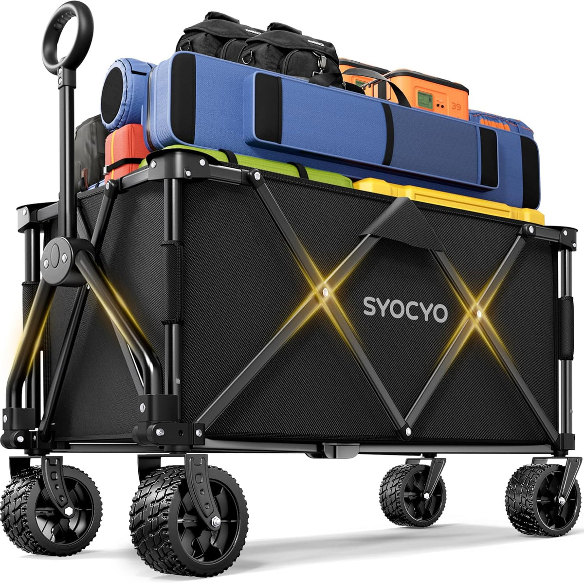 Collapsible Wagon with Big Wheels, Beach Wagons Carts Foldable with All-Terrain Wheels, Large Weight Capacity Heavy Duty Carts with Cup Holders for Camping, Garden, Sports, Grocery Black