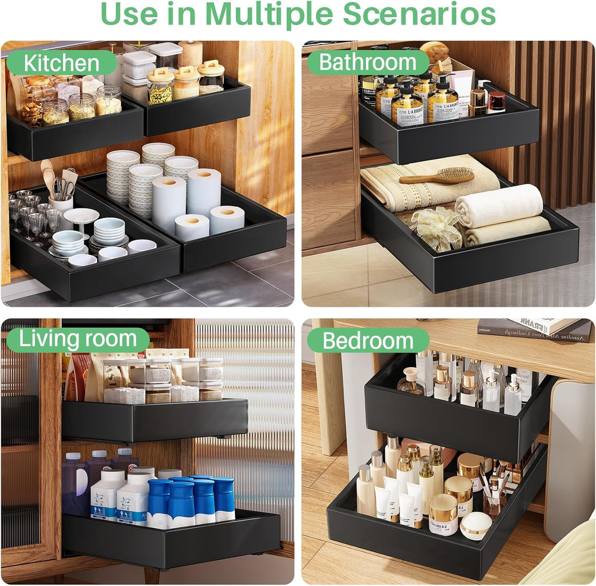 Pull out Cabinet Organizer, 21"Deep, 11.8"Wide Full-Extension Heavy Duty Slide out Drawers with Nano Adhesive, Roll Out Shelves Sliding Cabinet for Kitchen, Bathroom, Pantry,Under Sink Storage(Black) - Field & Nook