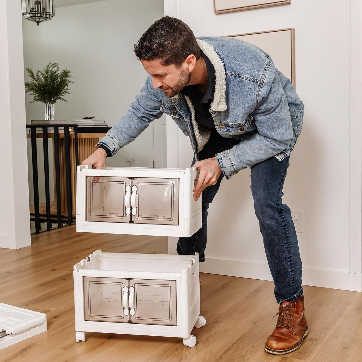 DALMAN 26QT Stackable Storage Bins with Lids -2 Tier Wheeled Shelf Organizer Plastic Containers with Lids – Multipurpose Storage and Organization Shelving Unit with Magnetic Closure - Field & Nook