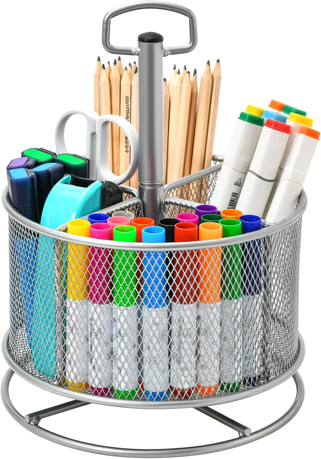 Marbrasse Mesh Desk Organizer, 360-Degree Rotating Multi-Functional Pen Holder, 4 Compartments Desktop Stationary Organizer, Home Office Art Supply Storage Box Caddy (silver) - Field & Nook