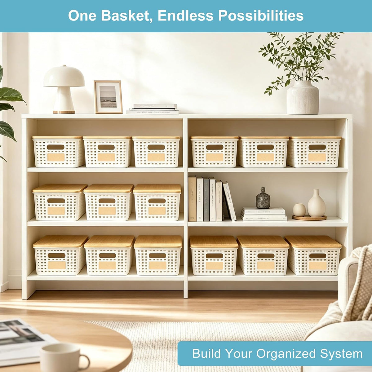 Small Plastic Storage Bins with Bamboo Lids 5.2qt Stackable Box Basket Pantry Decorative Containers Cute with Labels for Organizing Desktop Closet Office Cream White of 6 packs 10*7.2*4.1" - Field & Nook