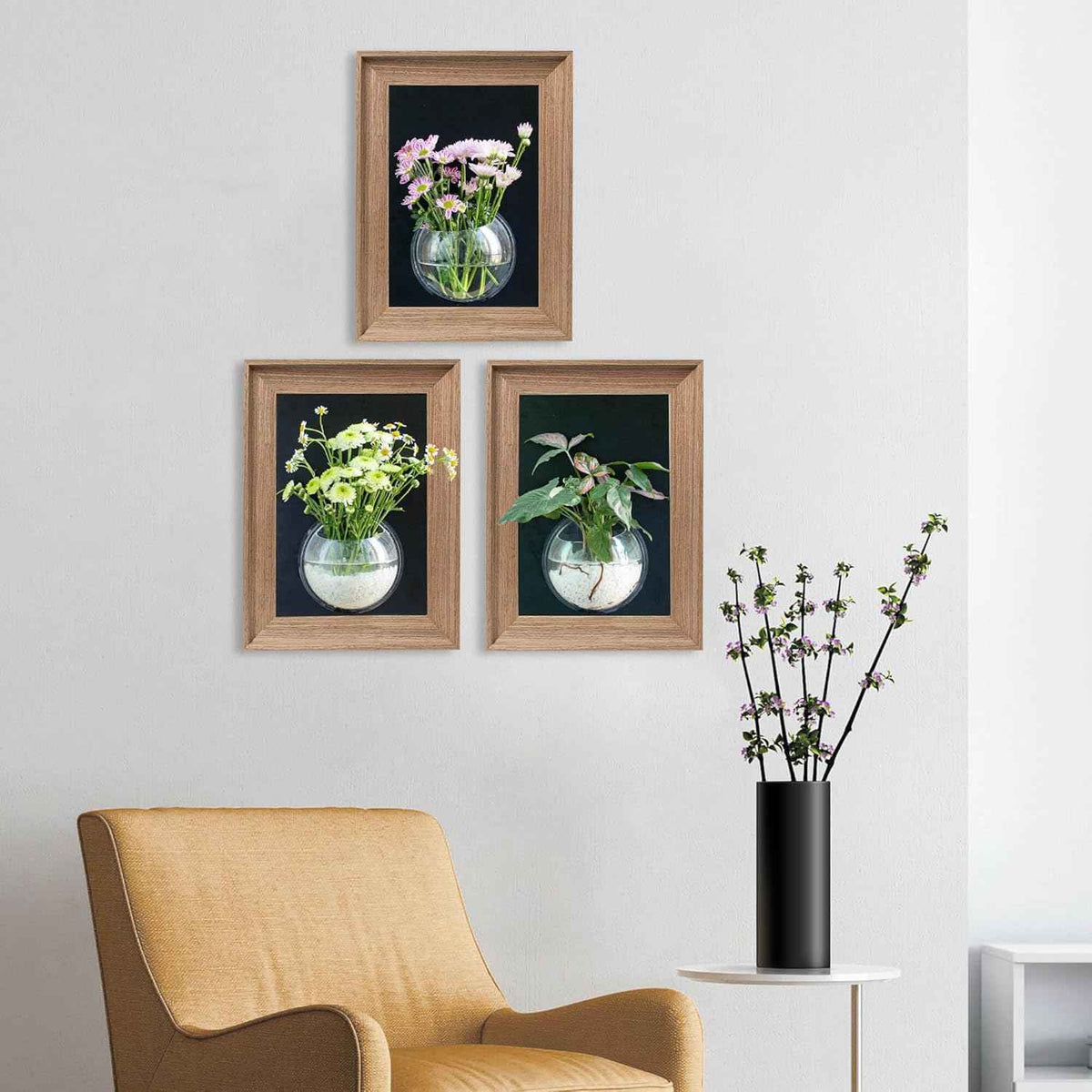 Walnut Wood Frame Wall Planter for Hydroponic Plants, 12" x 16" Wall Vase with Oblate Acrylic Propagation Station, Set of 3, Decorative Wall Hanging for Bathroom, Office & Living Room