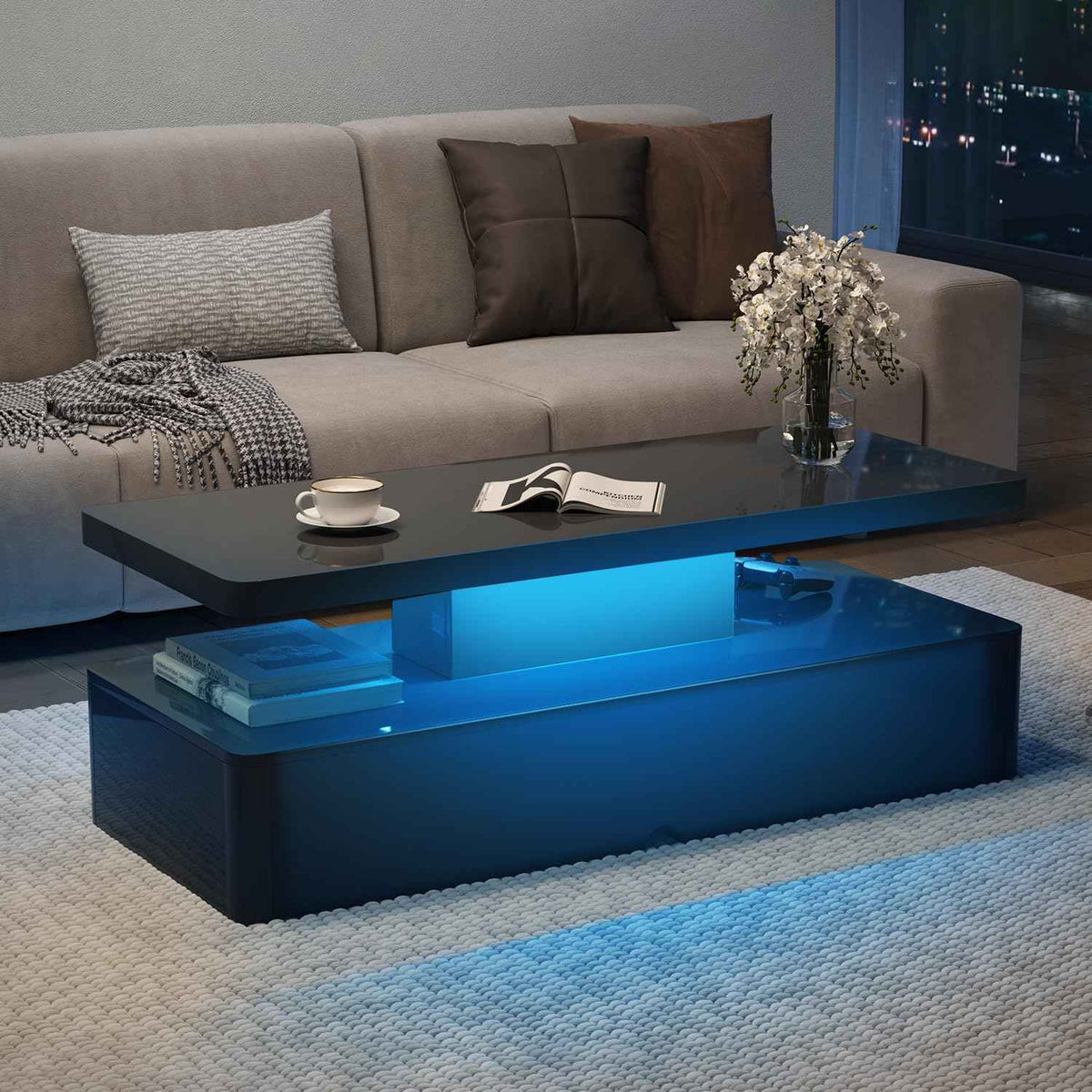 MXV 40" Modern Coffee Table with LED Lights, Black