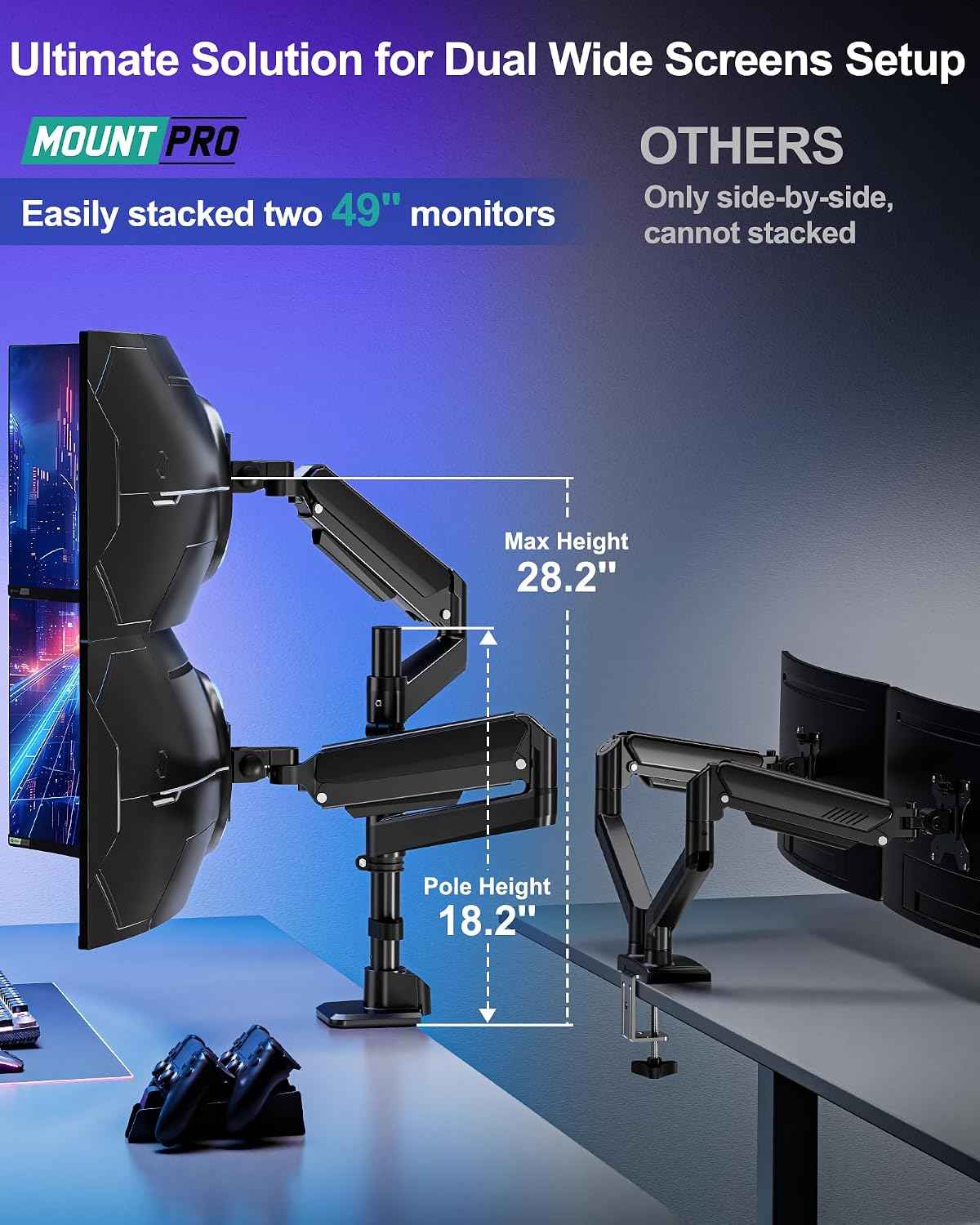MOUNT PRO Dual Monitor Arm for Max 49" Ultrawide Screens up to 44 lbs, Heavy Duty Extra Tall Monitor Desk Mount, Vertical Stacked Adjustable Dual Monitor Mount, VESA Mount 75x75mm/100x100mm