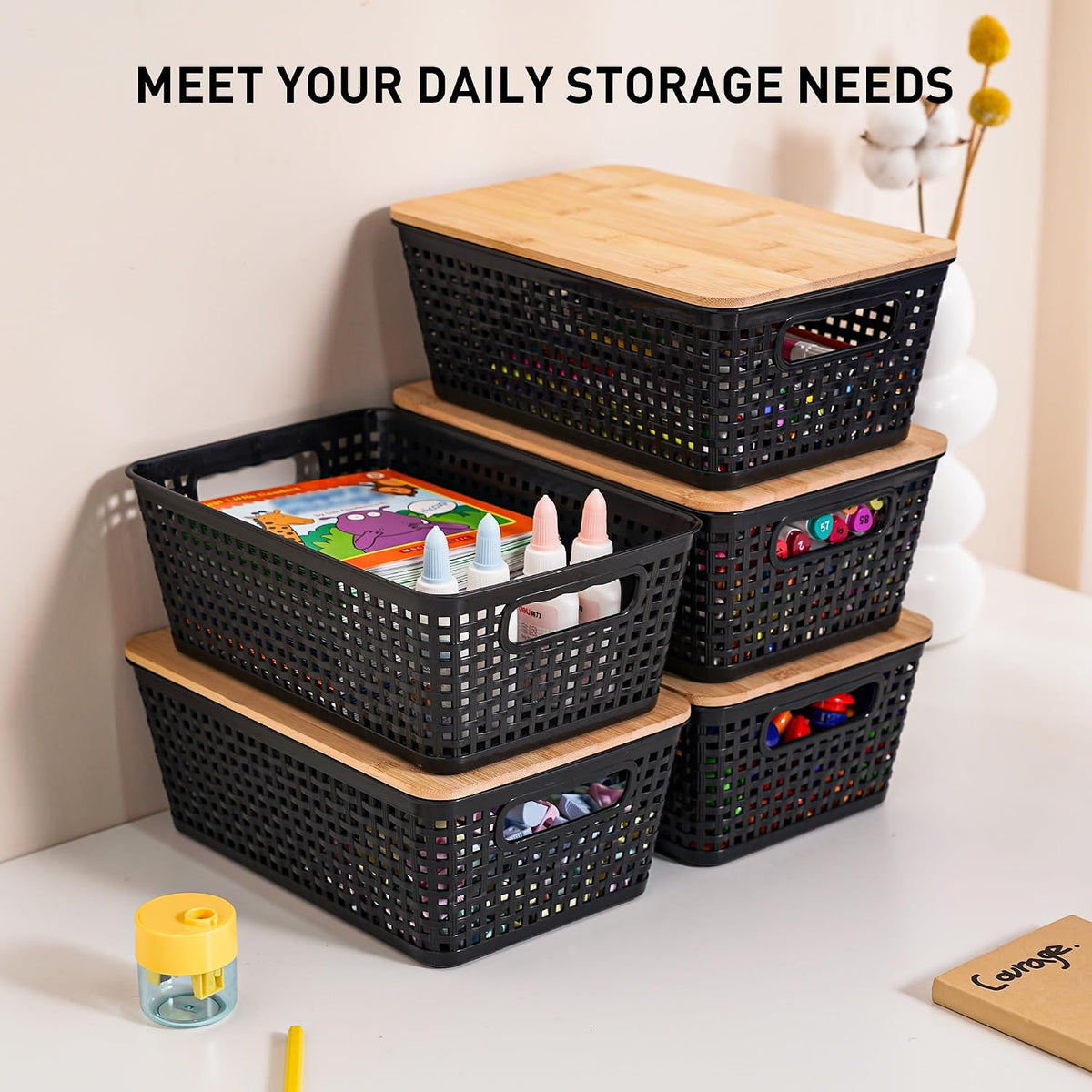 Storage Bins with Lids 6 Packs, Plastic Storage Bins with Bamboo Lids for Pantry Organization and Storage Containers for Shelves Drawers Desktop Closet Office Home, Black - Field & Nook