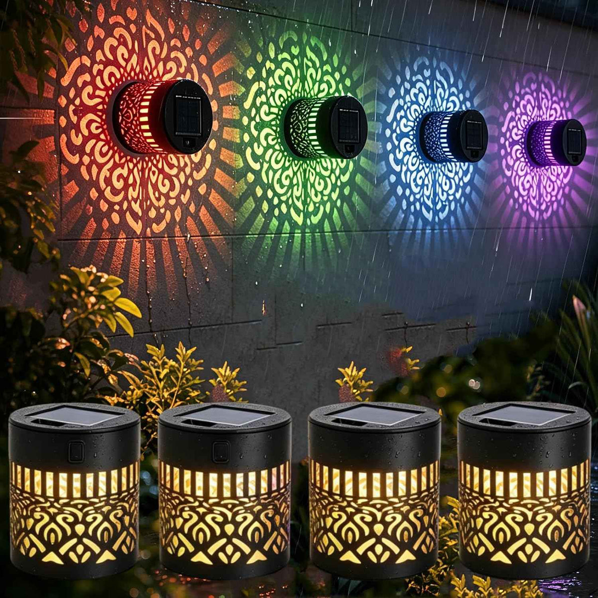 Solar Mandala Outdoor Wall Lights, 4 Pack 7 Color Changing Metal Fence Lanterns, Waterproof Solar Powered Deck Step Stair Lights for Garden Patio Yard Landscape Decor