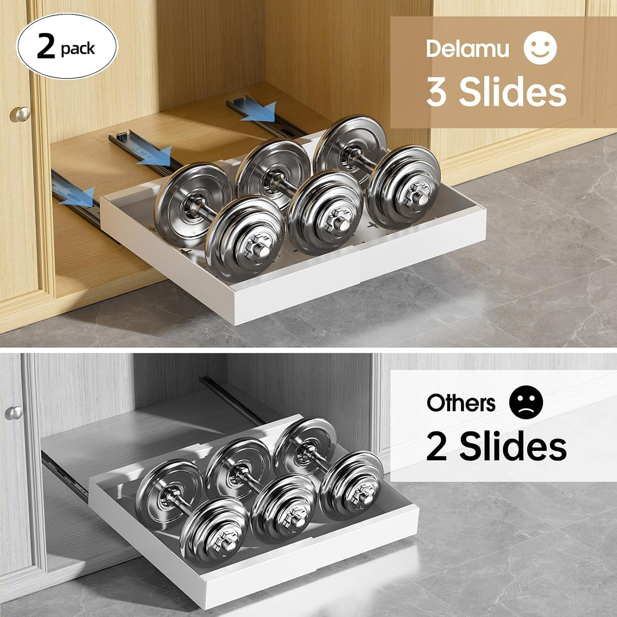 Delamu 2 Pack Pull Out Cabinet Organizer, 16" Deep, White