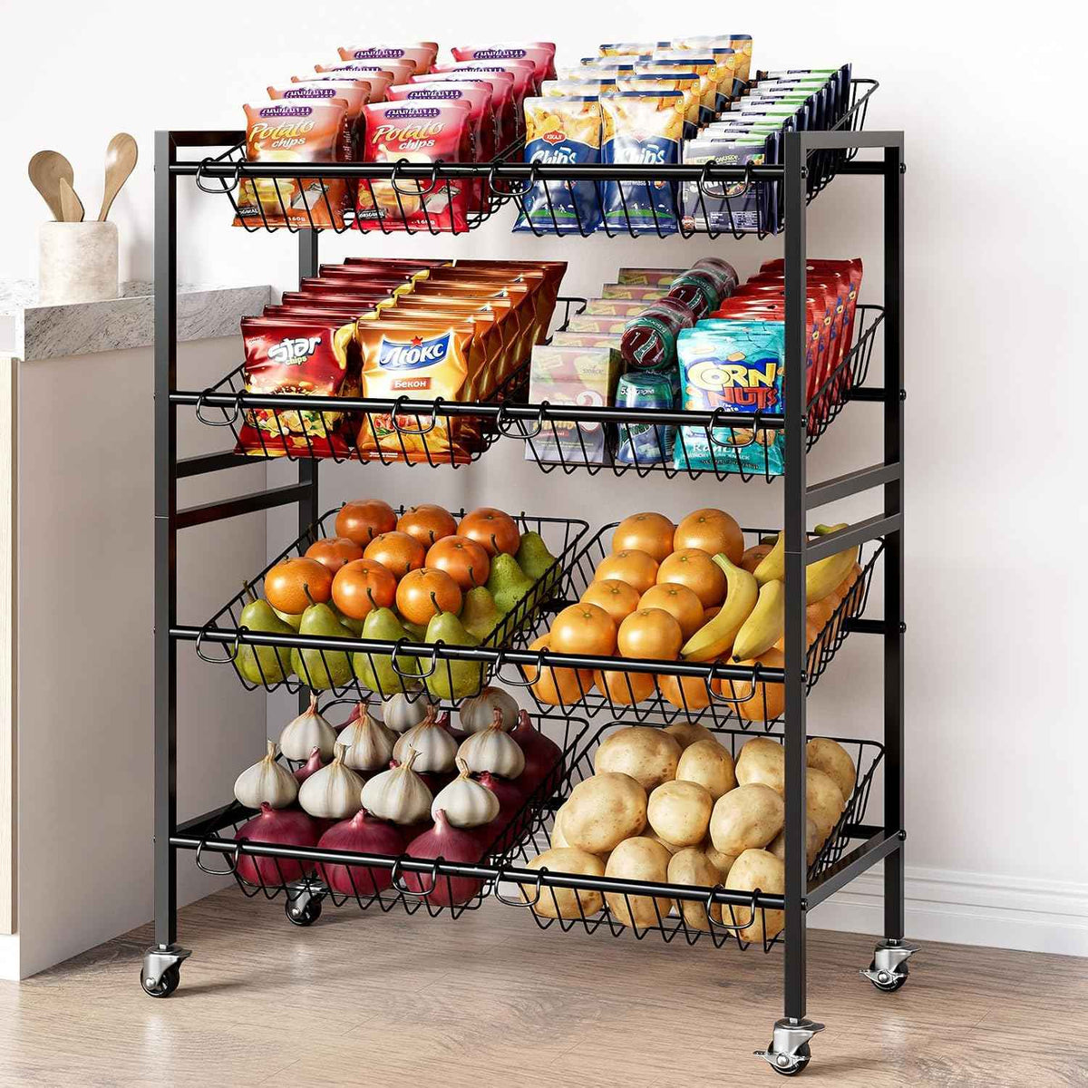Evermagin 25.2" W Kitchen Storage Cart, 4-Tier Snack Cart with Wheels | Metal Fruit Basket Vegetable Stand, Pantry Storage Organizer with 8 Removable Baskets for Onion Potato, Black