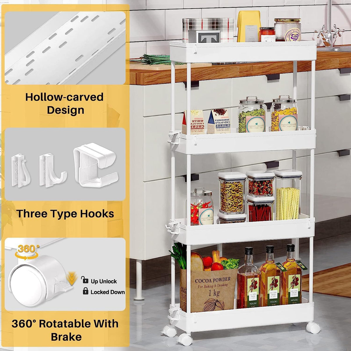 Slim Rolling Storage Cart – 4-Tier Bathroom Cart Organizer – White - Field & Nook
