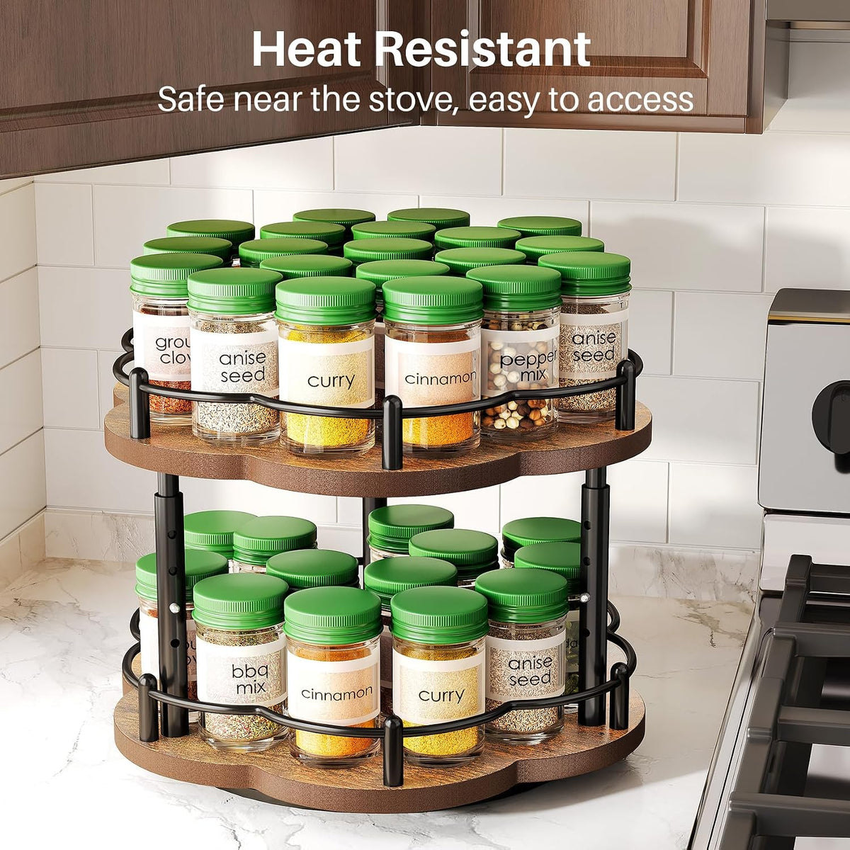Spice Rack Lazy Susan Organizer for Cabinet, Rotating Spice Organization 2 Tier Adjustable Lazy Susan Turntable Spice Cabinet Organizer for Kitchen Countertop & Pantry, Wood 10 Inch Seasoning Storage - Field & Nook
