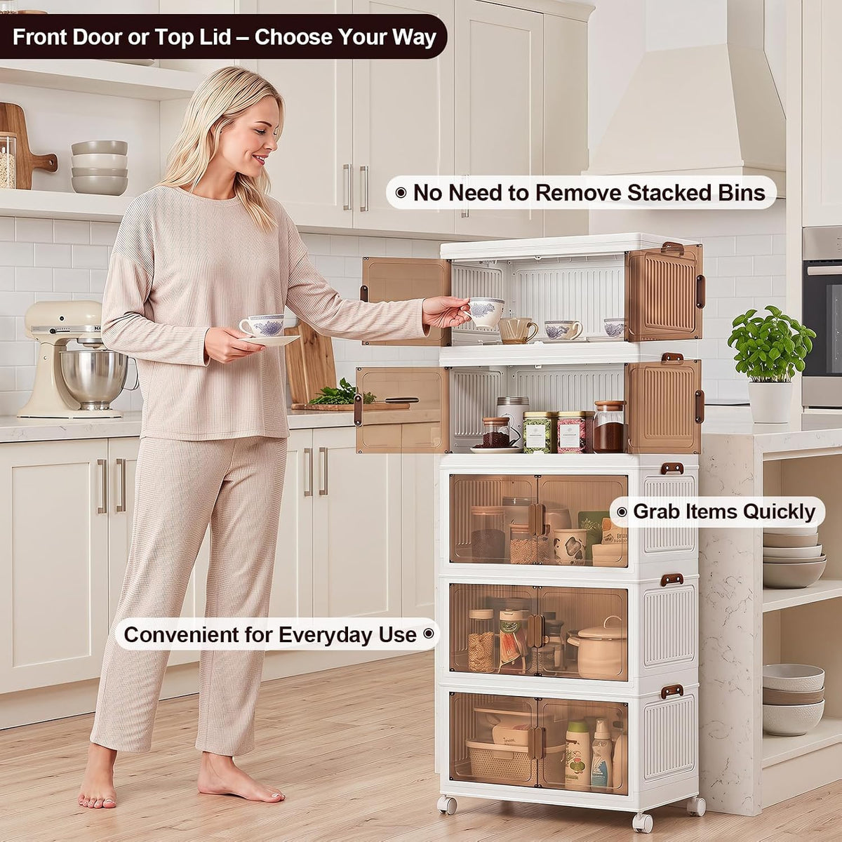 120QT Stackable Storage Bins With Lids, Collapsible Plastic Storage Bins with Wheels and Doors, Foldable Plastic Cabinets for Bedroom Dorm Garage Office Kitchen, 5 Pack - Field & Nook