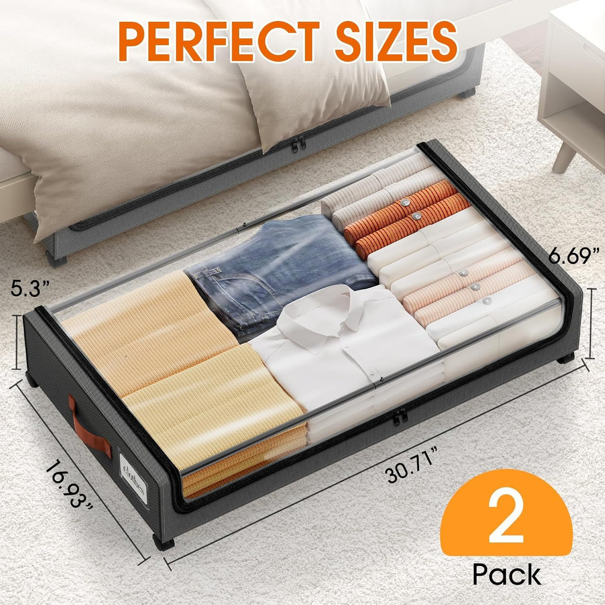 SpaceHacks Under Bed Storage with Wheels 2Pack Storage Containers with Clear Window&Label Under Bed Drawers Rolling Under Bed Storage for Clothes,Shoes, Blankets (30.71 x 16.93 x 6.69 in, Dark Grey) - Field & Nook