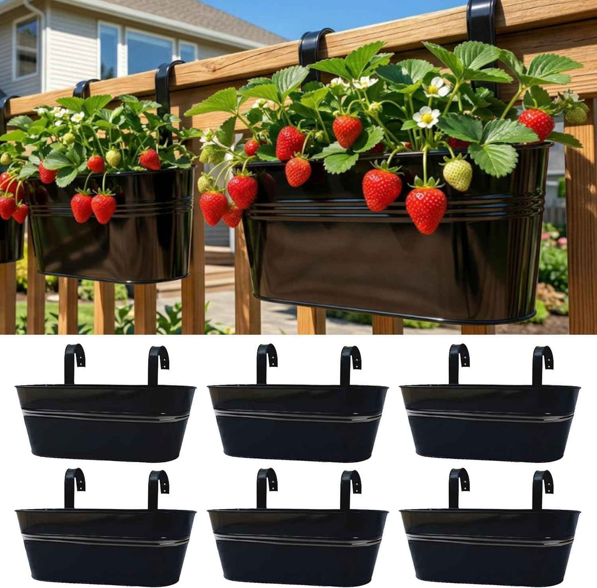 LaLaGreen Outdoor Plants Rail Planter (16 Inch, 6 Pack) Black Metal Iron Hanging Flower Pots Deck Railings Fence Buckets Modern Boho Style Wall Mount Window Boxes Plant Holder Hooks Porch Home Decor