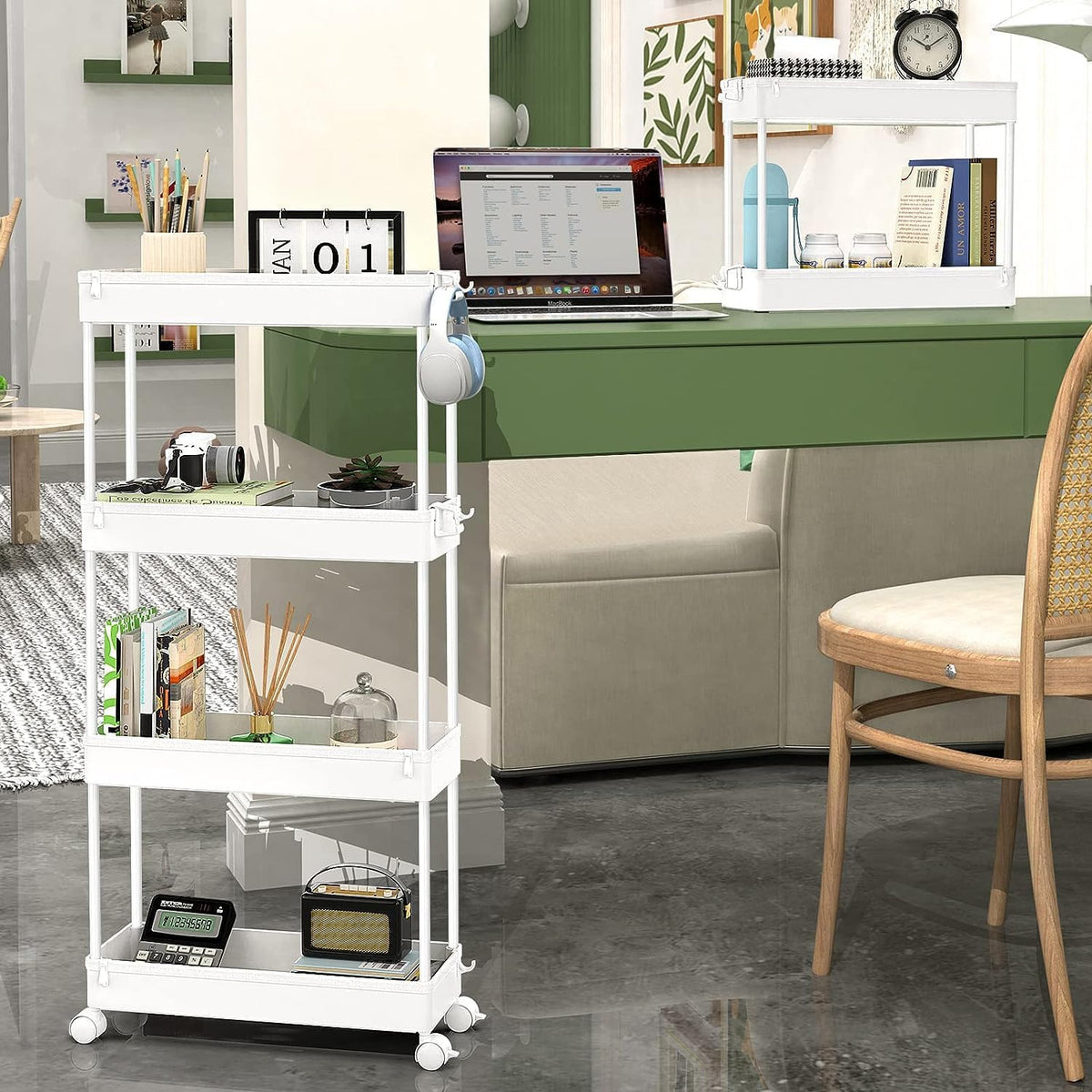 Slim Rolling Storage Cart – 4-Tier Bathroom Cart Organizer – White - Field & Nook