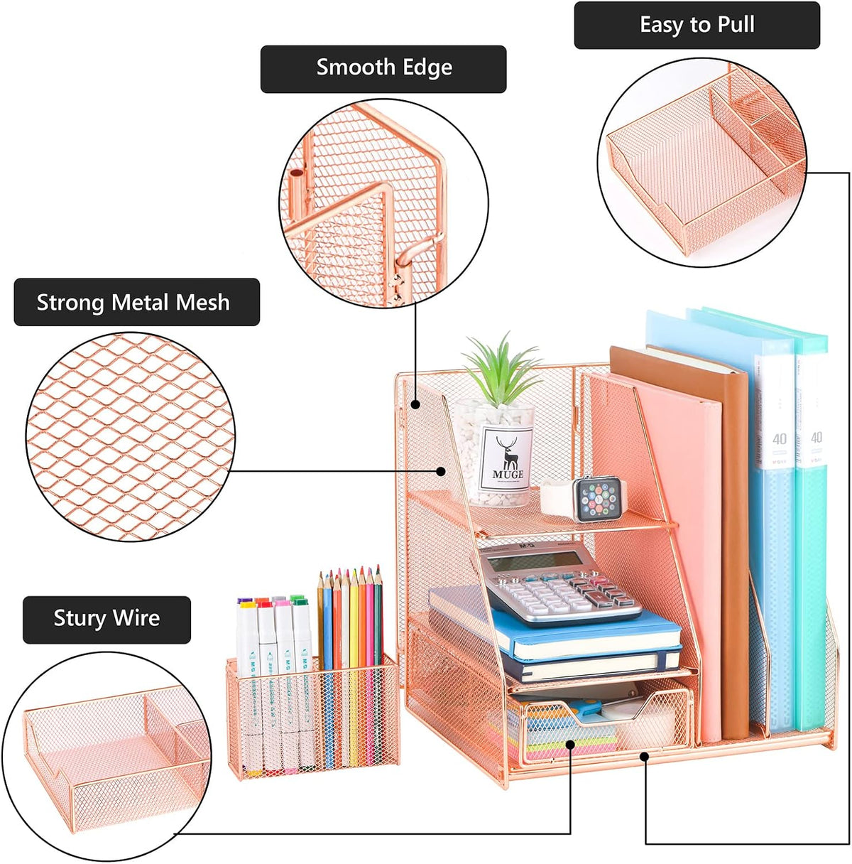 Topwey Rose Gold Desk Accessories, Office Supplies Desk Organizer Caddy with Sliding Drawer, Double Tray, File Organizer and pen holder for Home, Office School - Field & Nook