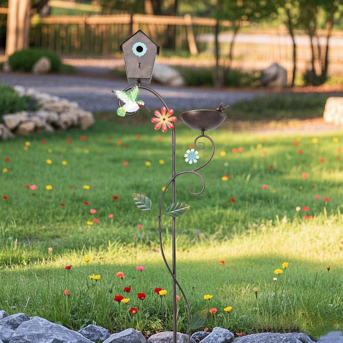 Yinns Metal Bird House, Decorative Birdhouse Stake with Bowl for Yard Decor | 69“ Bird House with Baths Bird Pole, Heavy Duty Birdhouse Stake for Outdoor Metal Bird Bath Bowl for Outside Garden Decor