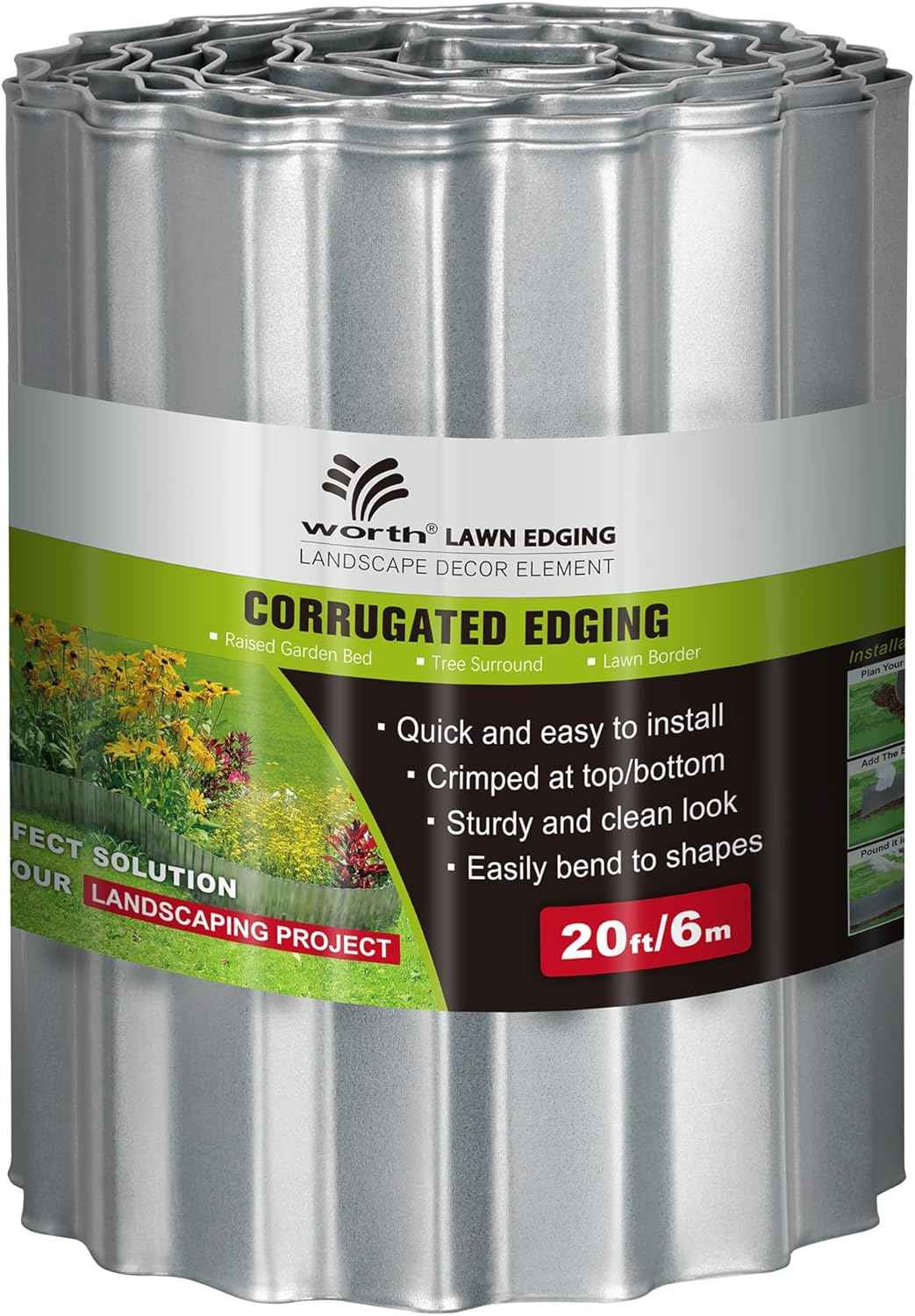 Worth Wide-Corrugated Galvanized Steel Landscape Edging, 10" x 20Ft Flexible Sturdy Metal Lawn Garden Edging Long Strips for Raised Flower Bed Tree Surrounds, Silver