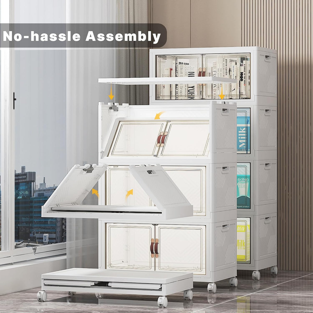 Stackable Storage Bins with Lid, 208QT Plastic Cabinet with Wheels | Large Capacity, Magnetic Door, Stack Lock, Rolling Wheels, Foldable Design, Organizers and Storage for Bedroom Dorm Garage - Field & Nook